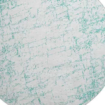 8' Teal And Ivory Abstract Washable Round Rug With UV Protection
