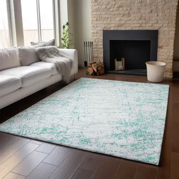 8' X 10' Teal And Ivory Abstract Washable Area Rug With UV Protection