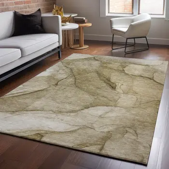 5' X 8' Brown Ivory And Beige Abstract Washable Area Rug With UV Protection