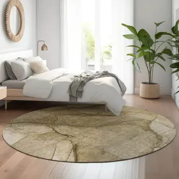 8' Brown Ivory And Beige Abstract Washable Round Rug With UV Protection