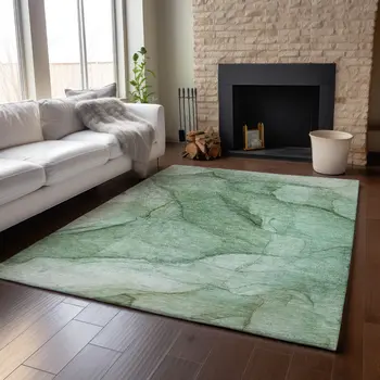 5' X 8' Green And Ivory Abstract Washable Area Rug With UV Protection
