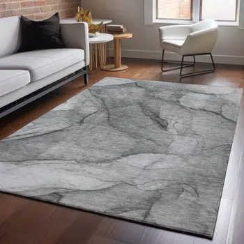 5' X 8' Gray And Ivory Abstract Washable Area Rug With UV Protection