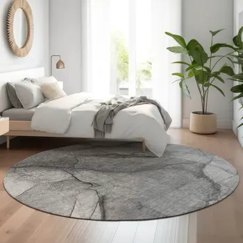 8' Gray And Ivory Abstract Washable Round Rug With UV Protection