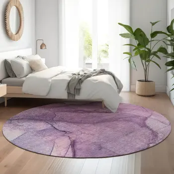 8' Purple And Ivory Abstract Washable Round Rug With UV Protection