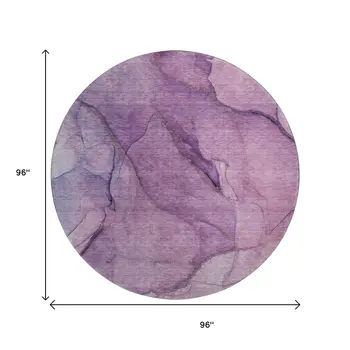 8' Purple And Ivory Abstract Washable Round Rug With UV Protection