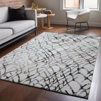 8' X 10' Silver Gray And Brown Abstract Washable Area Rug With UV Protection