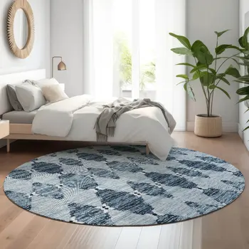 8' Blue And Ivory Moroccan Washable Round Rug With UV Protection