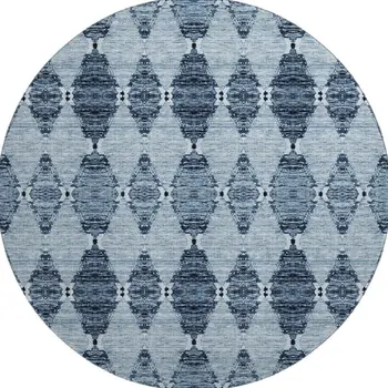 8' Blue And Ivory Moroccan Washable Round Rug With UV Protection