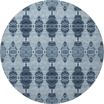 8' Blue And Ivory Moroccan Washable Round Rug With UV Protection