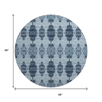 8' Blue And Ivory Moroccan Washable Round Rug With UV Protection
