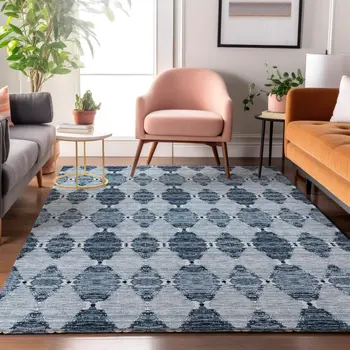 10' X 14' Blue And Ivory Moroccan Washable Area Rug With UV Protection