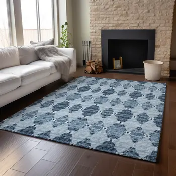 10' X 14' Blue And Ivory Moroccan Washable Area Rug With UV Protection