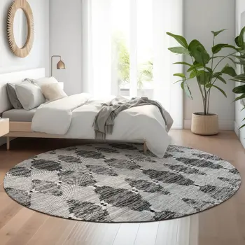 8' Gray And Ivory Moroccan Washable Round Rug With UV Protection