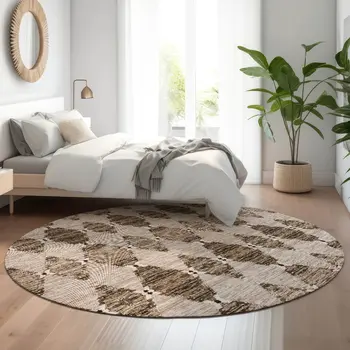 8' Coffee And Ivory Moroccan Washable Round Rug With UV Protection