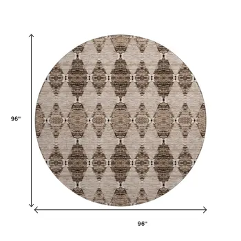 8' Coffee And Ivory Moroccan Washable Round Rug With UV Protection