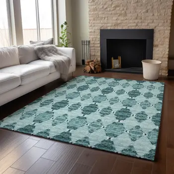 3' X 5' Teal And Ivory Moroccan Washable Area Rug With UV Protection