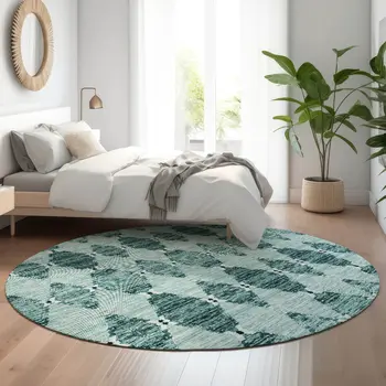 8' Teal And Ivory Moroccan Washable Round Rug With UV Protection
