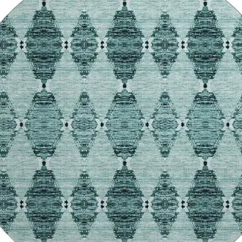 8' Teal And Ivory Moroccan Washable Round Rug With UV Protection