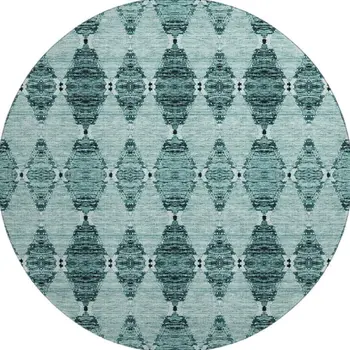 8' Teal And Ivory Moroccan Washable Round Rug With UV Protection