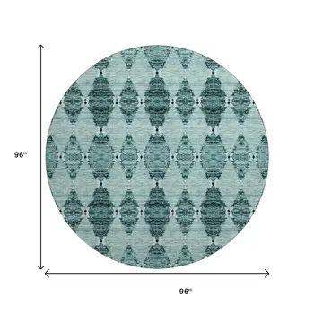8' Teal And Ivory Moroccan Washable Round Rug With UV Protection