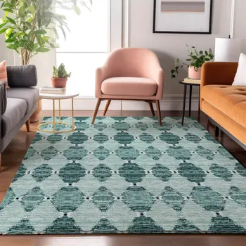 8' X 10' Teal And Ivory Moroccan Washable Area Rug With UV Protection