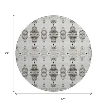 8' Taupe And Ivory Moroccan Washable Round Rug With UV Protection