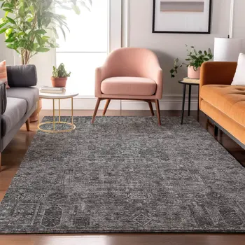 3' X 5' Charcoal And Silver Floral Washable Area Rug With UV Protection