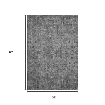 3' X 5' Charcoal And Silver Floral Washable Area Rug With UV Protection