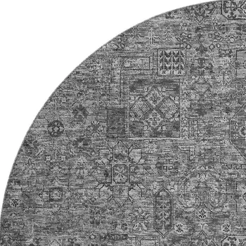 8' Charcoal And Silver Floral Washable Round Rug With UV Protection