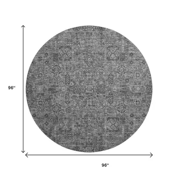 8' Charcoal And Silver Floral Washable Round Rug With UV Protection