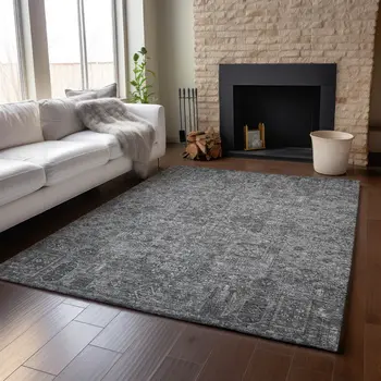 9' X 12' Charcoal And Silver Floral Washable Area Rug With UV Protection
