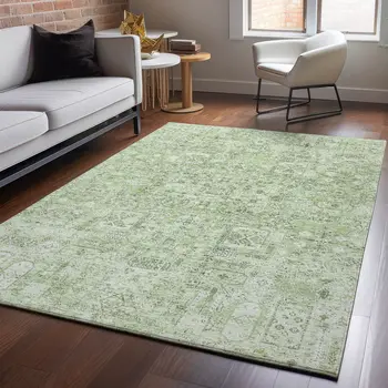5' X 8' Green And Ivory Floral Washable Area Rug With UV Protection