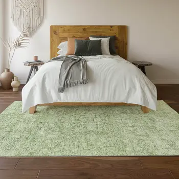 5' X 8' Green And Ivory Floral Washable Area Rug With UV Protection