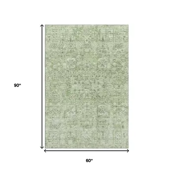 5' X 8' Green And Ivory Floral Washable Area Rug With UV Protection