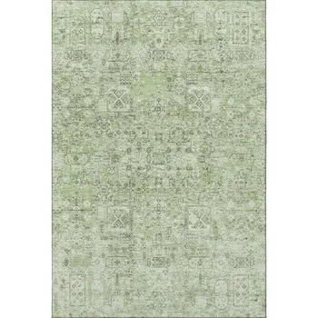 5' X 8' Green And Ivory Floral Washable Area Rug With UV Protection