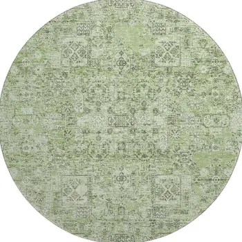8' Green And Ivory Floral Washable Round Rug With UV Protection