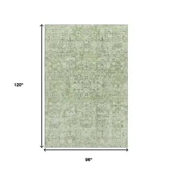 8' X 10' Green And Ivory Floral Washable Area Rug With UV Protection