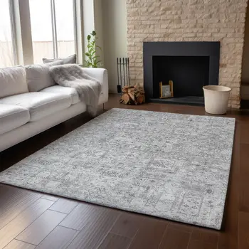 3' X 5' Gray And Silver Floral Washable Area Rug With UV Protection