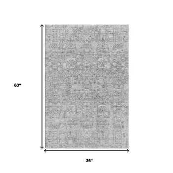 3' X 5' Gray And Silver Floral Washable Area Rug With UV Protection