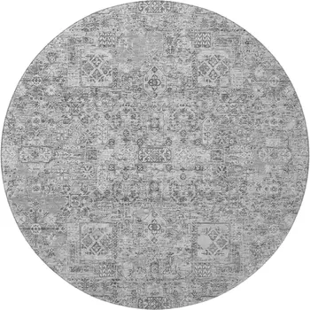 8' Gray And Silver Floral Washable Round Rug With UV Protection