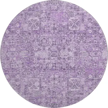8' Lilac And Ivory Floral Washable Round Rug With UV Protection
