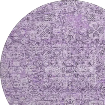 8' Lilac And Ivory Floral Washable Round Rug With UV Protection