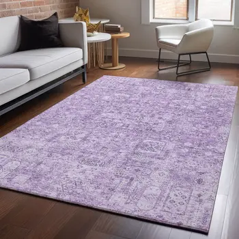 10' X 14' Lilac And Ivory Floral Washable Area Rug With UV Protection