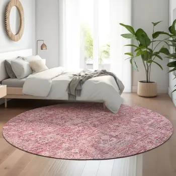8' Pink And Ivory Floral Washable Round Rug With UV Protection