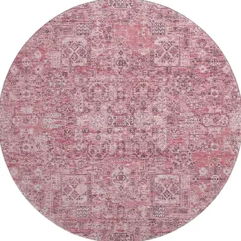 8' Pink And Ivory Floral Washable Round Rug With UV Protection