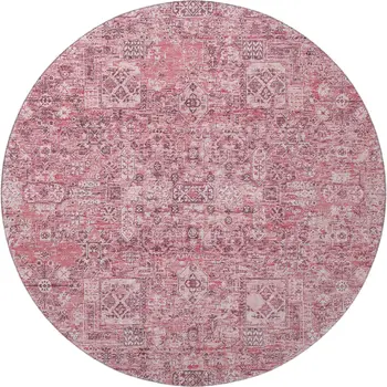 8' Pink And Ivory Floral Washable Round Rug With UV Protection