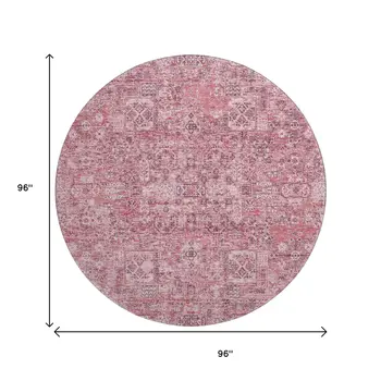8' Pink And Ivory Floral Washable Round Rug With UV Protection