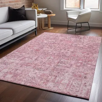 10' X 14' Pink And Ivory Floral Washable Area Rug With UV Protection