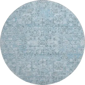 8' Sky Blue And Ivory Floral Washable Round Rug With UV Protection