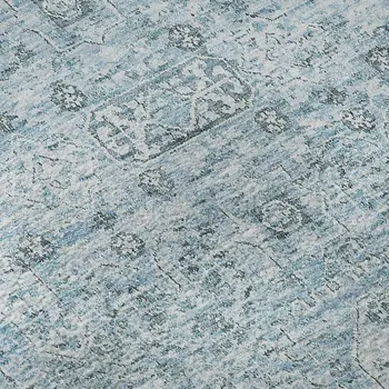 9' X 12' Sky Blue And Ivory Floral Washable Area Rug With UV Protection